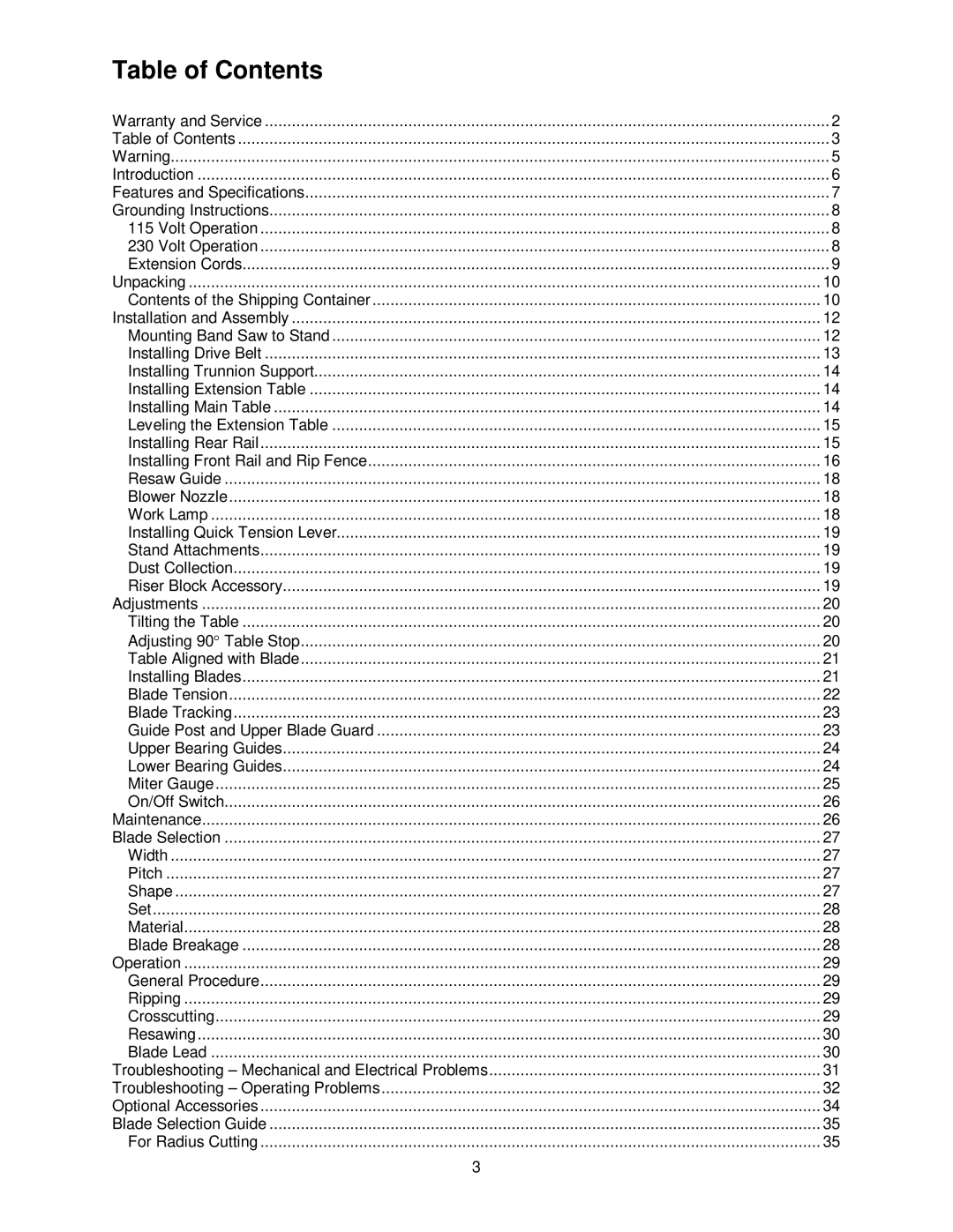 Powermatic PWBS-14CS operating instructions Table of Contents 