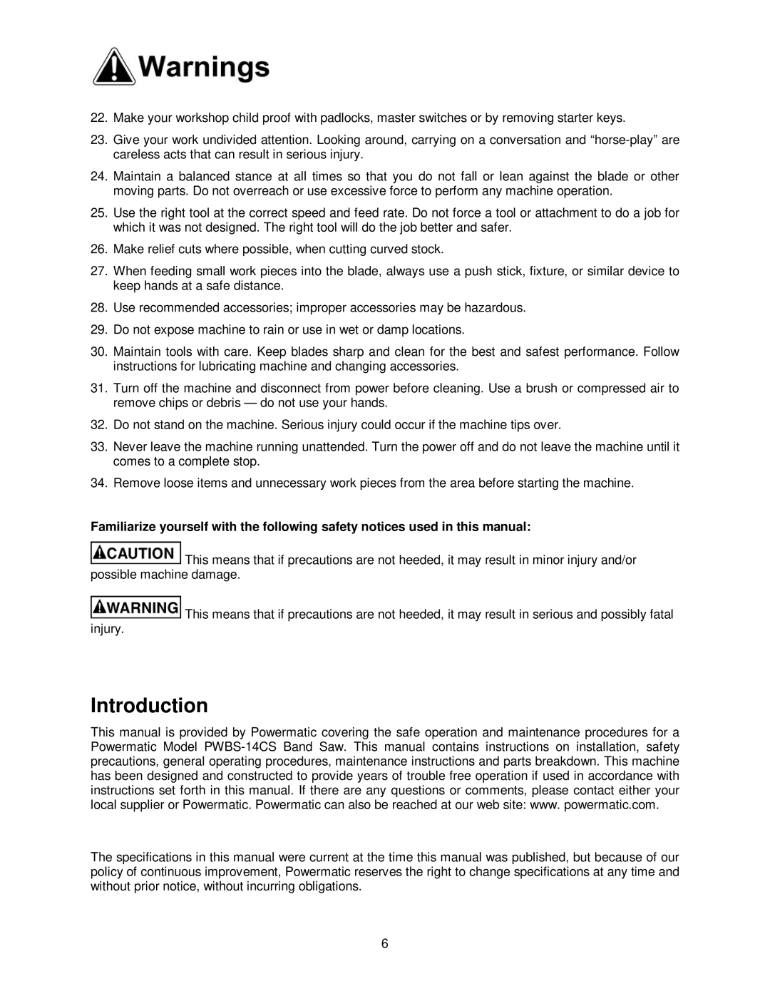 Powermatic PWBS-14CS operating instructions Introduction 