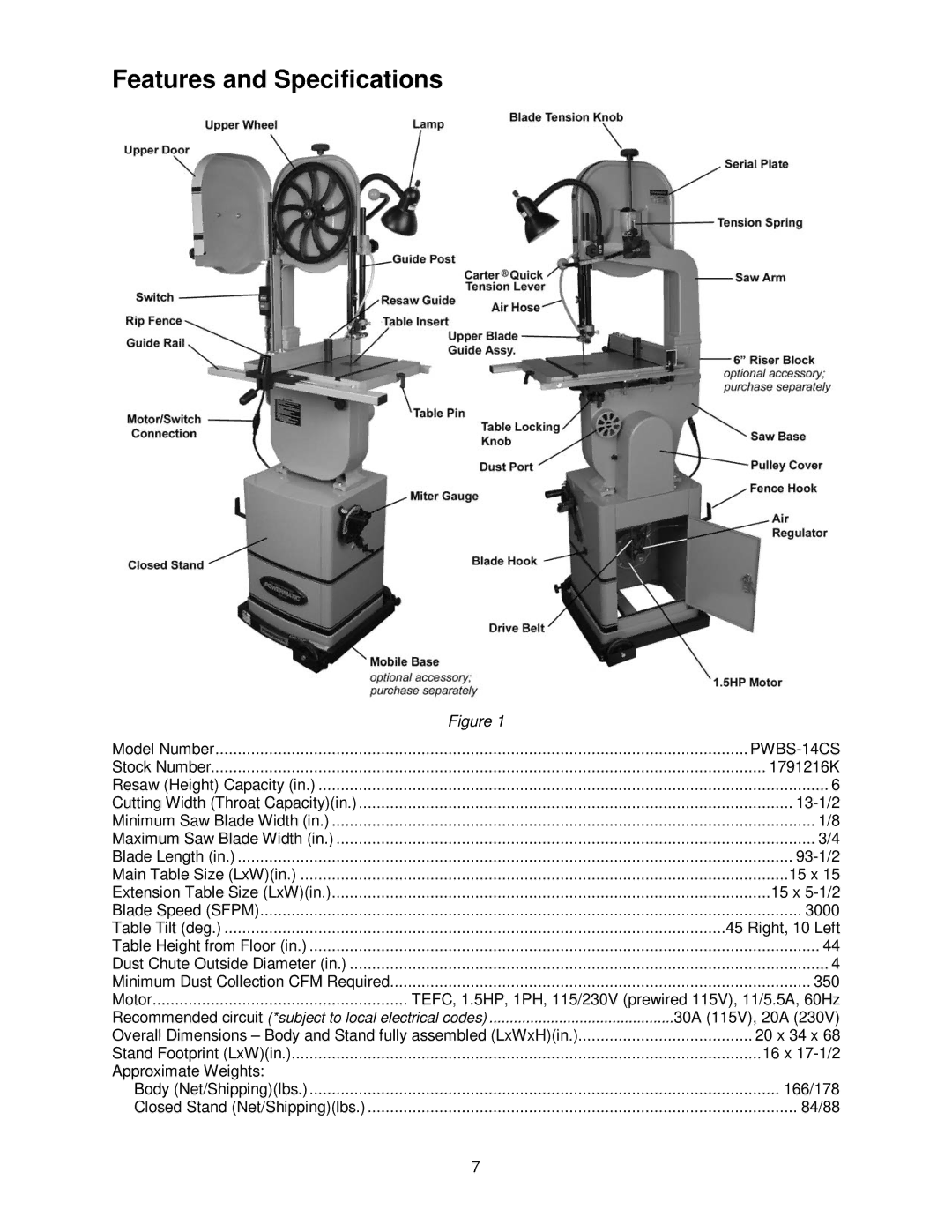 Powermatic PWBS-14CS operating instructions Features and Specifications 