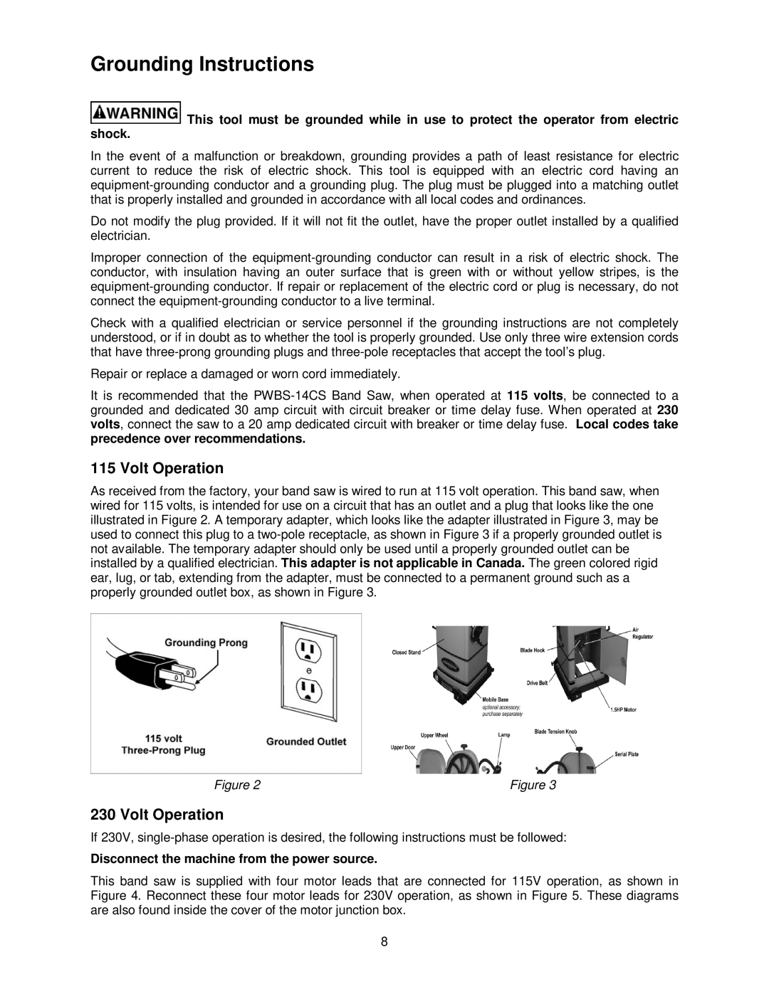 Powermatic PWBS-14CS Grounding Instructions, Volt Operation, Disconnect the machine from the power source 