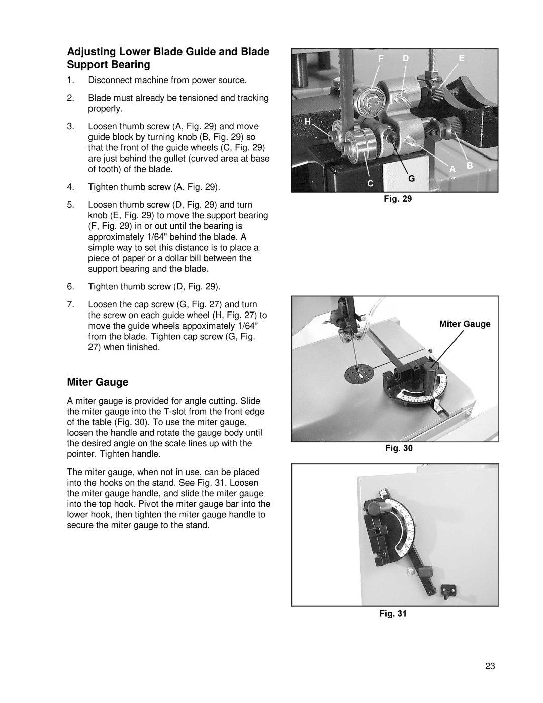 Powermatic PWBS14 operating instructions Adjusting Lower Blade Guide and Blade Support Bearing, Miter Gauge 