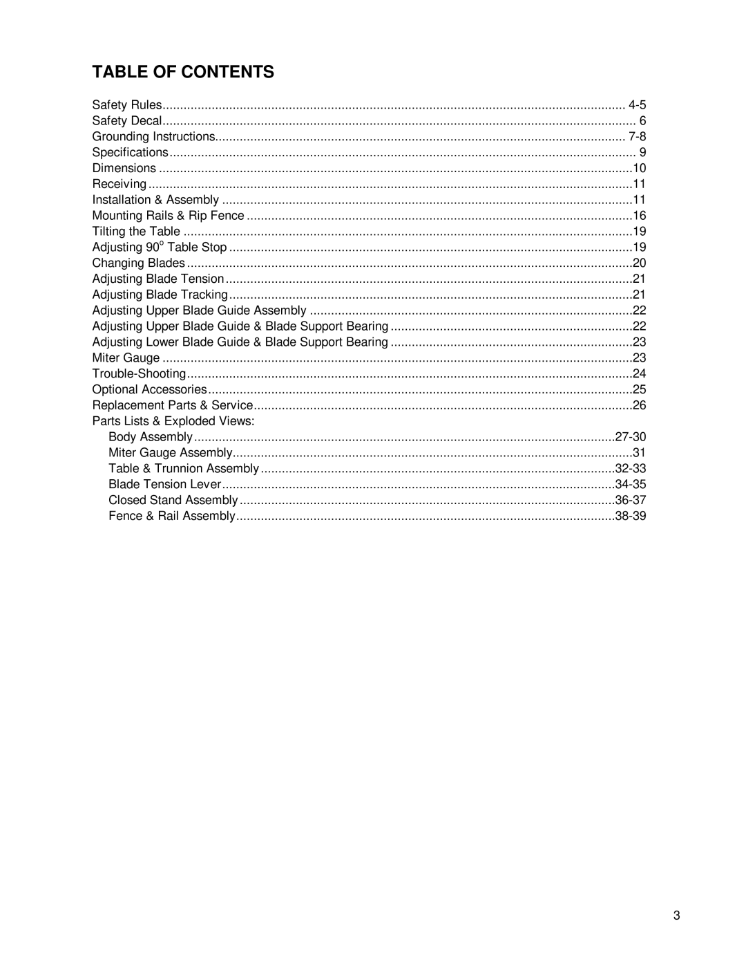 Powermatic PWBS14 operating instructions Table of Contents 