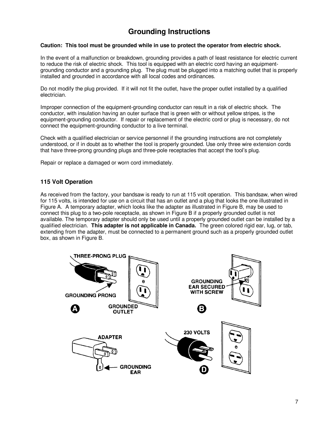 Powermatic PWBS14 operating instructions Grounding Instructions, Volt Operation 