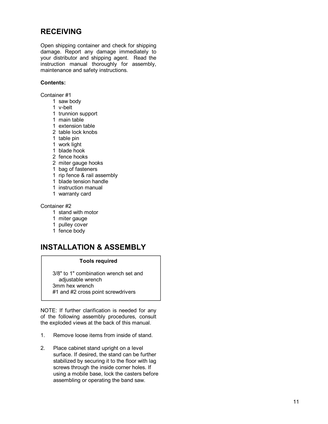 Powermatic PWBS14 operating instructions Receiving 