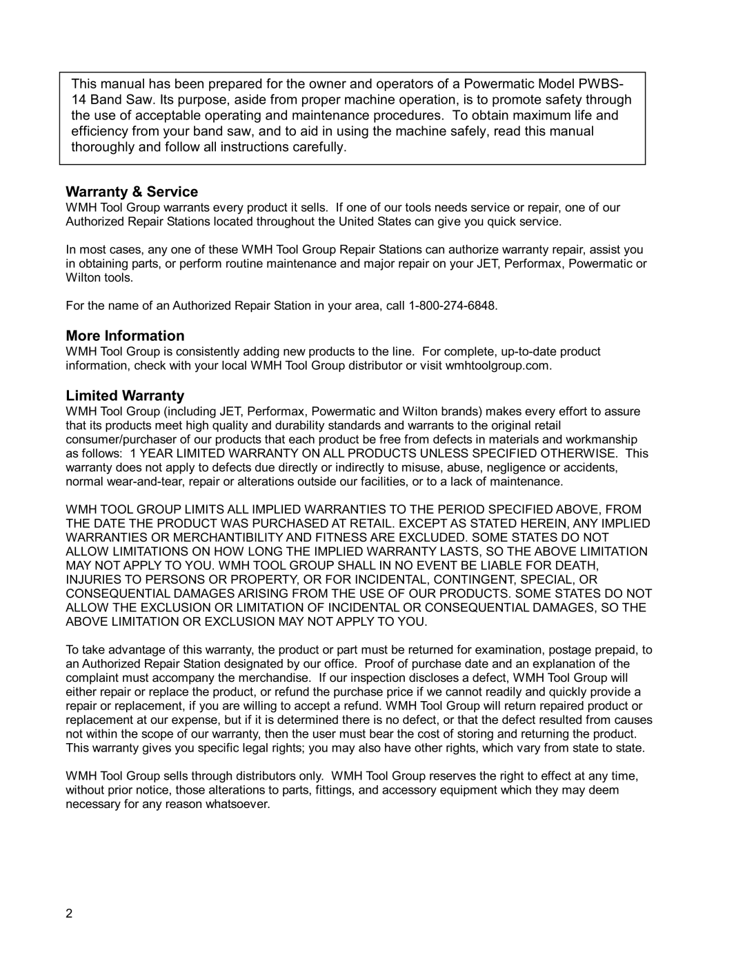 Powermatic PWBS14 operating instructions Warranty & Service, More Information, Limited Warranty 