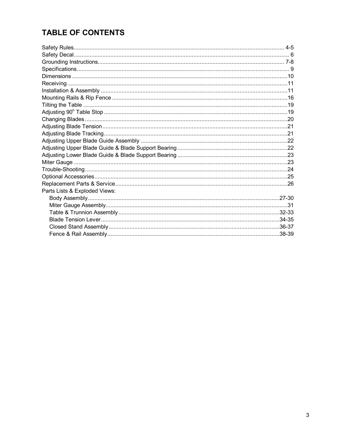 Powermatic PWBS14 operating instructions Table of Contents 