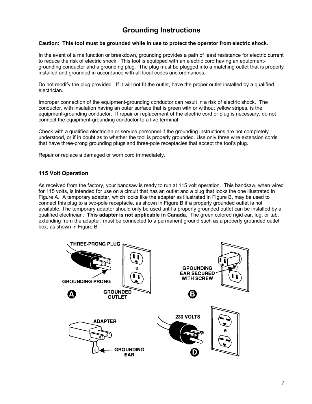 Powermatic PWBS14 operating instructions Grounding Instructions, Volt Operation 