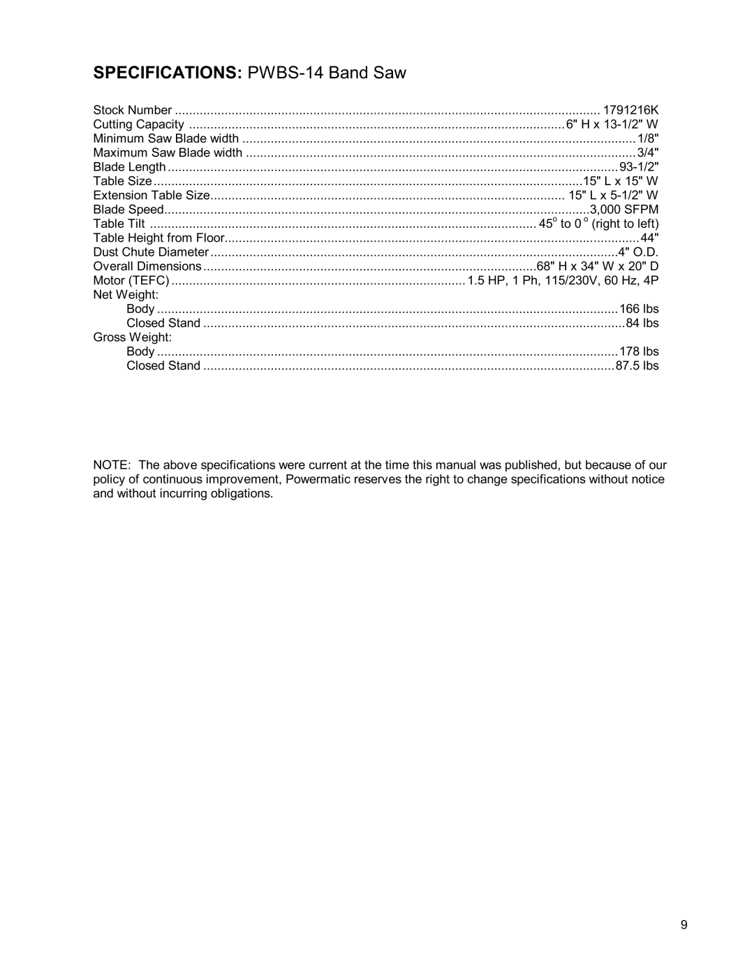 Powermatic PWBS14 operating instructions Specifications PWBS-14 Band Saw 