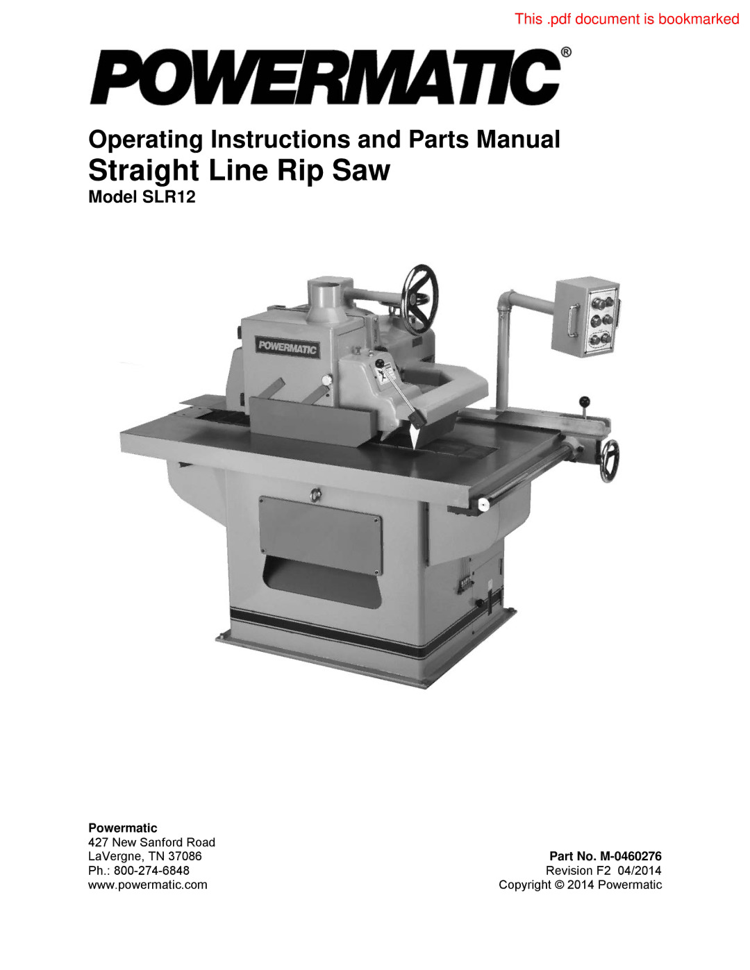 Powermatic SLR12 manual Straight Line Rip Saw 