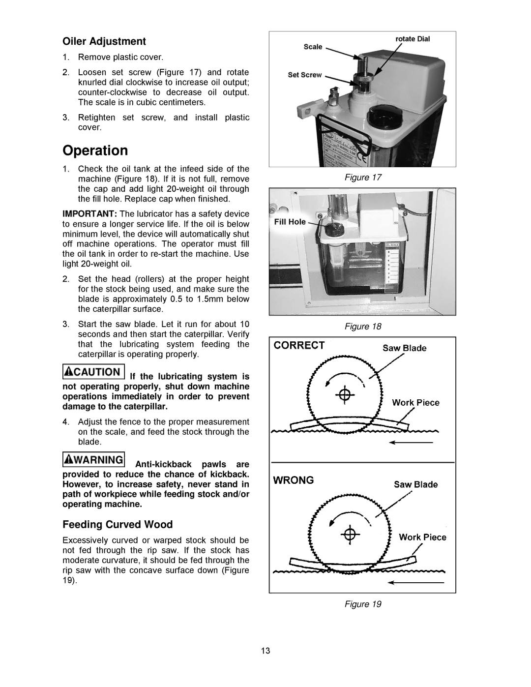 Powermatic SLR12 manual Operation, Oiler Adjustment, Feeding Curved Wood 