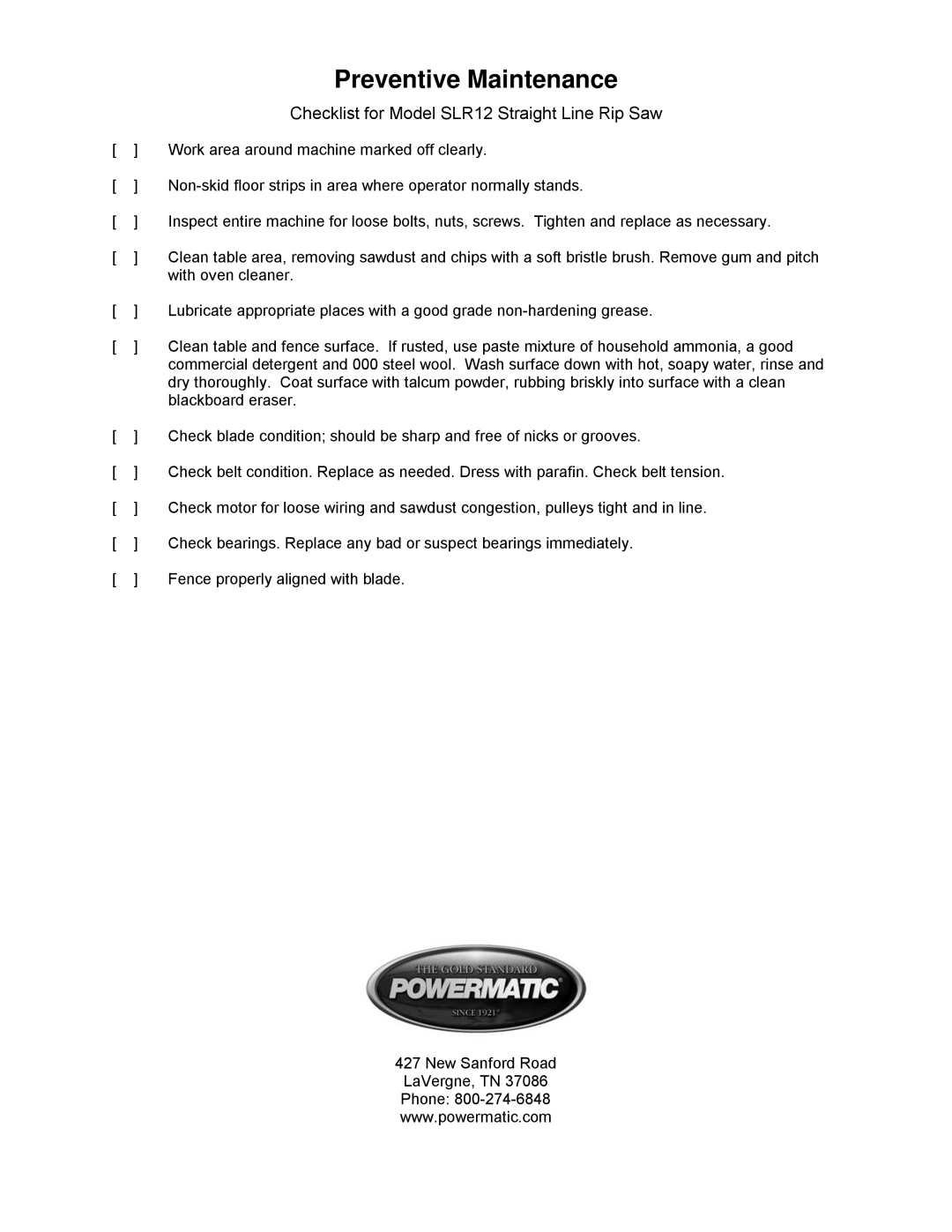 Powermatic manual Preventive Maintenance, Checklist for Model SLR12 Straight Line Rip Saw 