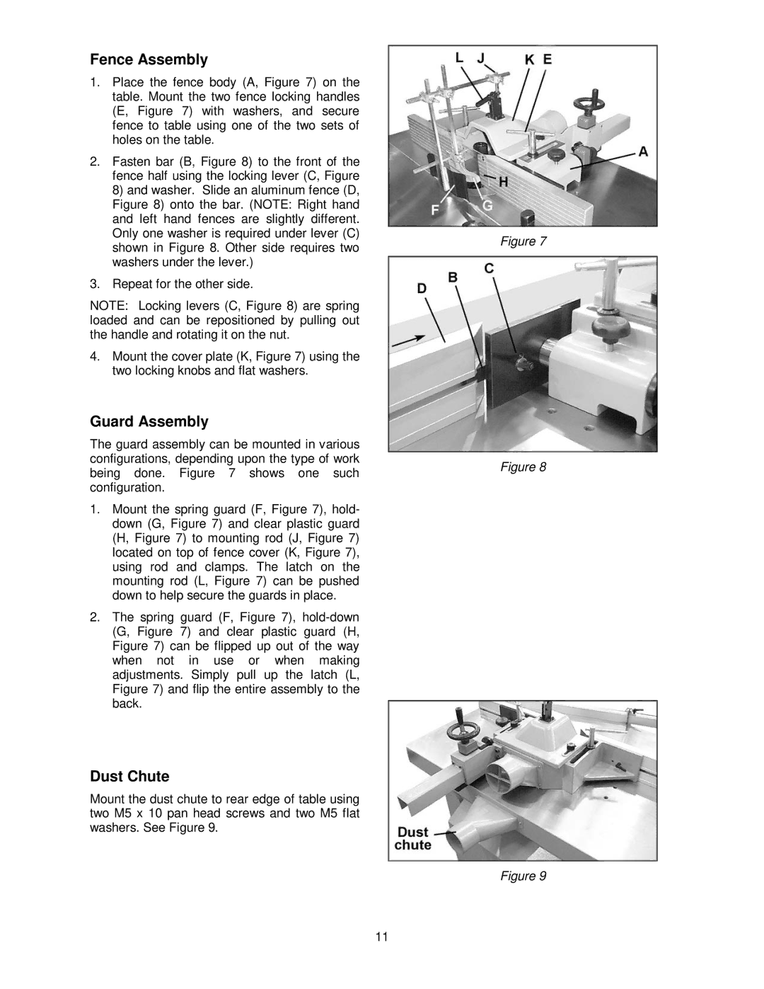 Powermatic TS29 operating instructions Fence Assembly, Guard Assembly, Dust Chute 