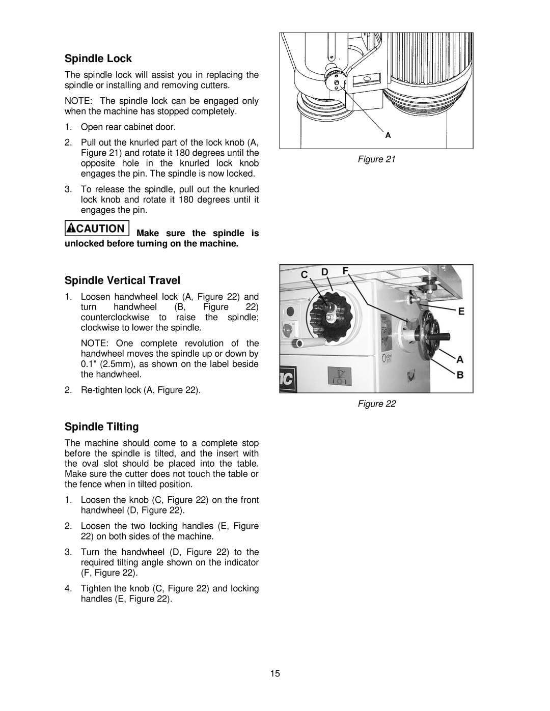 Powermatic TS29 operating instructions Spindle Lock, Spindle Vertical Travel, Spindle Tilting 