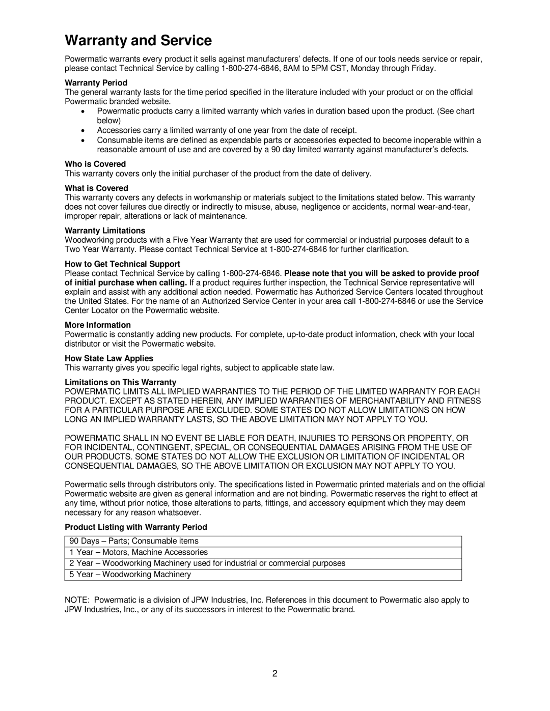 Powermatic TS29 operating instructions Warranty and Service, Warranty Period 