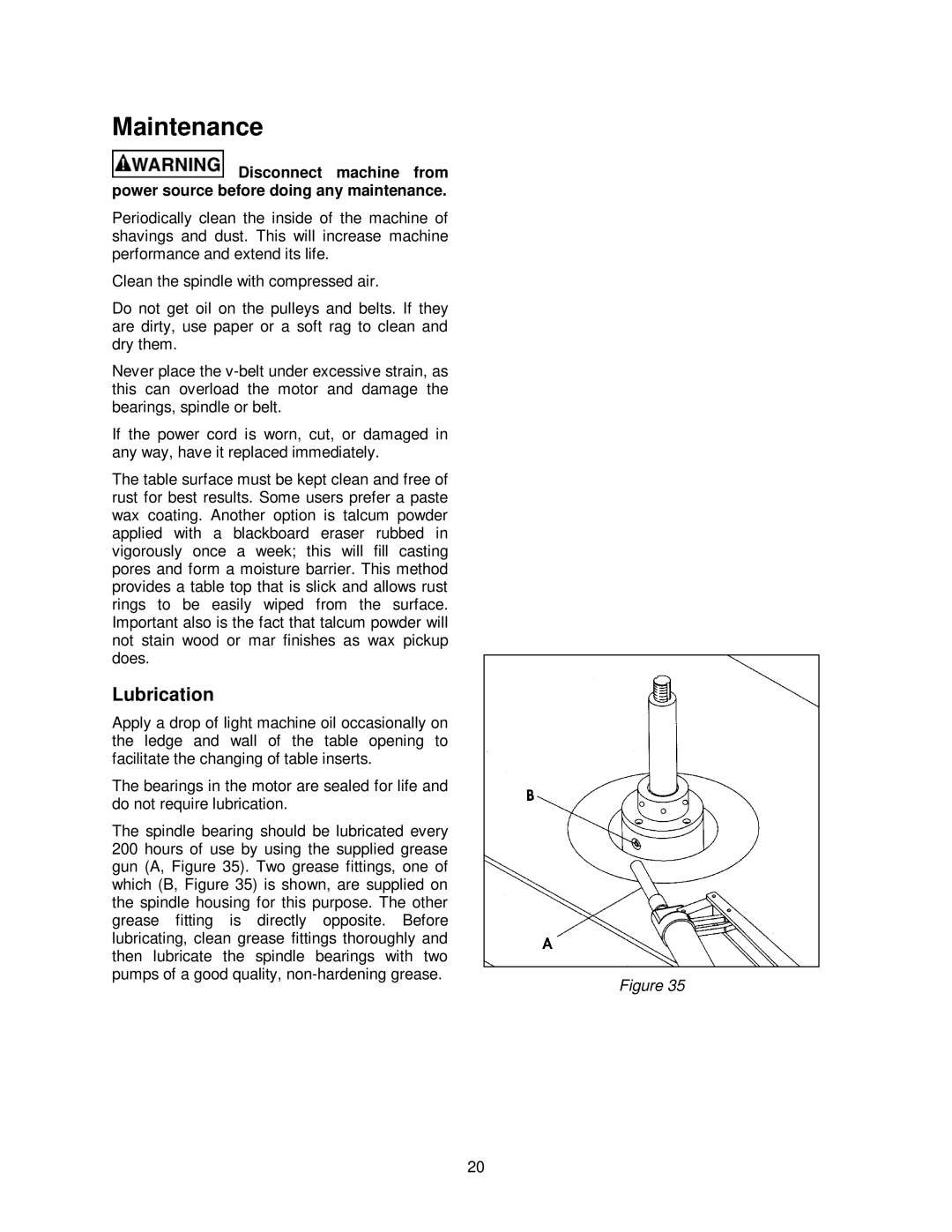 Powermatic TS29 operating instructions Maintenance, Lubrication 