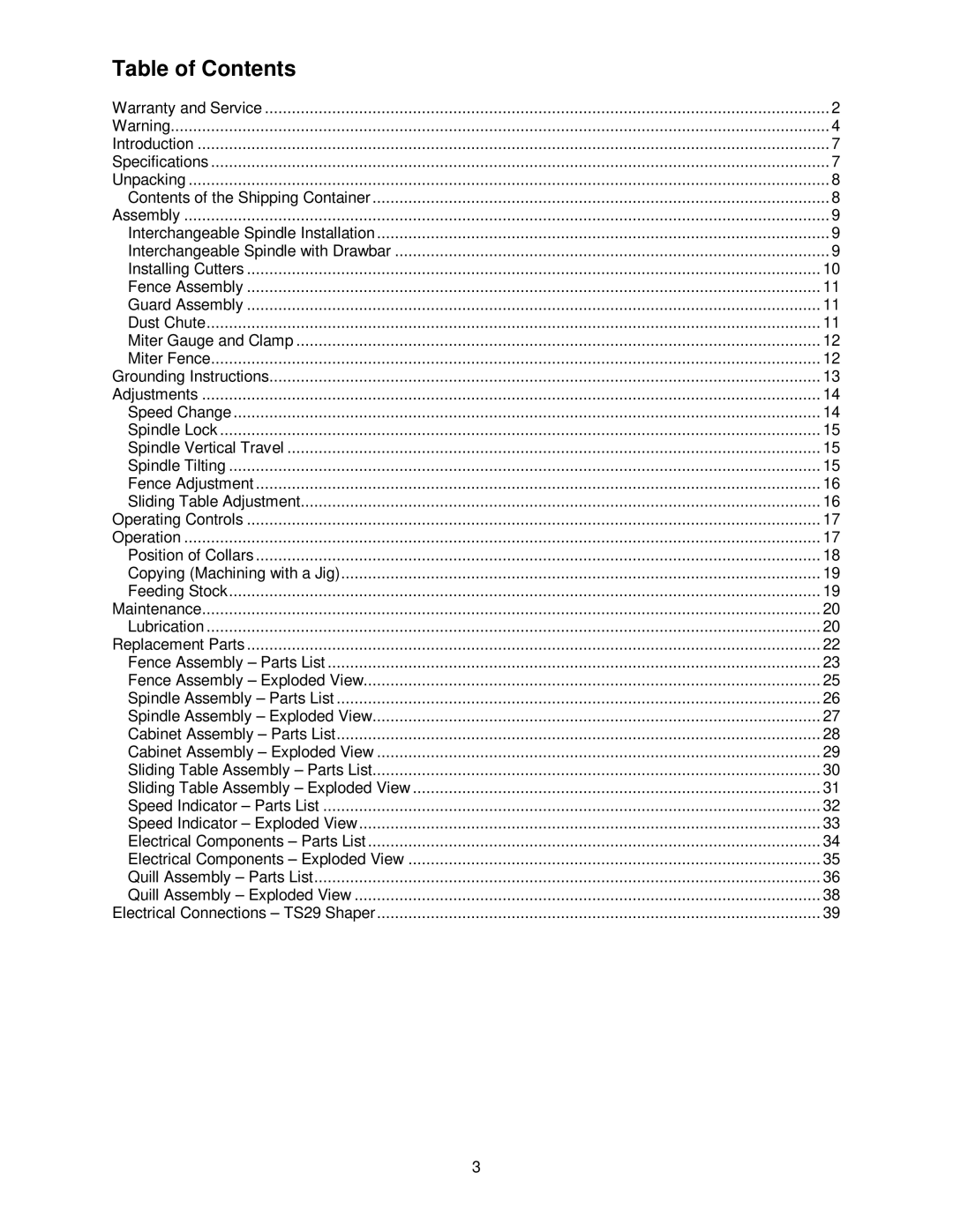 Powermatic TS29 operating instructions Table of Contents 