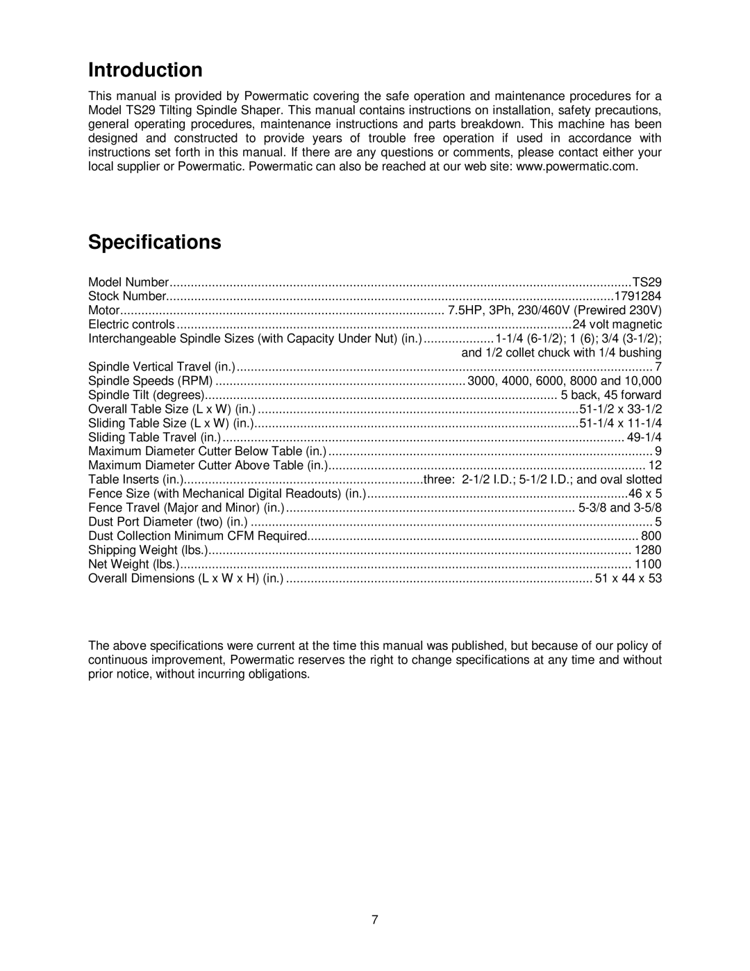 Powermatic TS29 operating instructions Introduction Specifications 