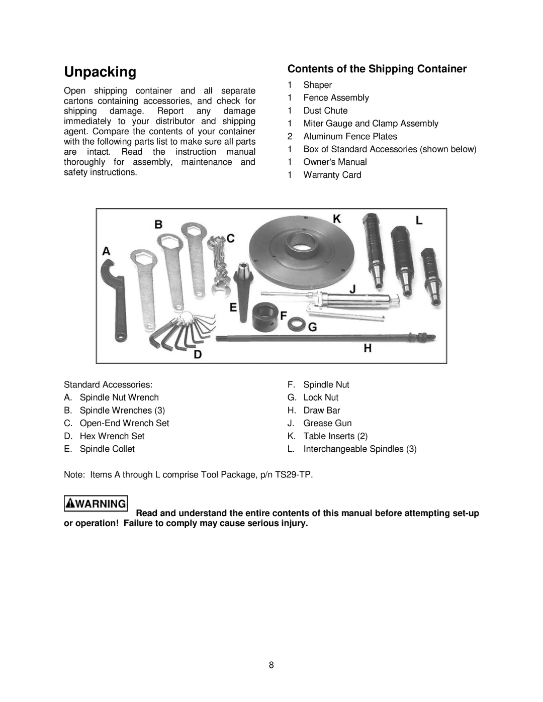 Powermatic TS29 operating instructions Unpacking, Contents of the Shipping Container 