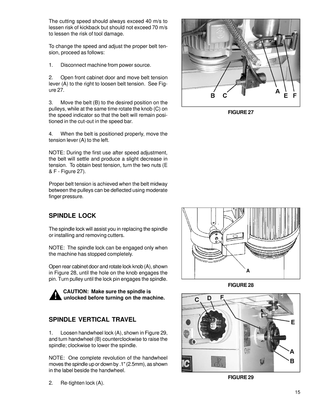 Powermatic TS29 instruction manual Spindle Lock, Spindle Vertical Travel 