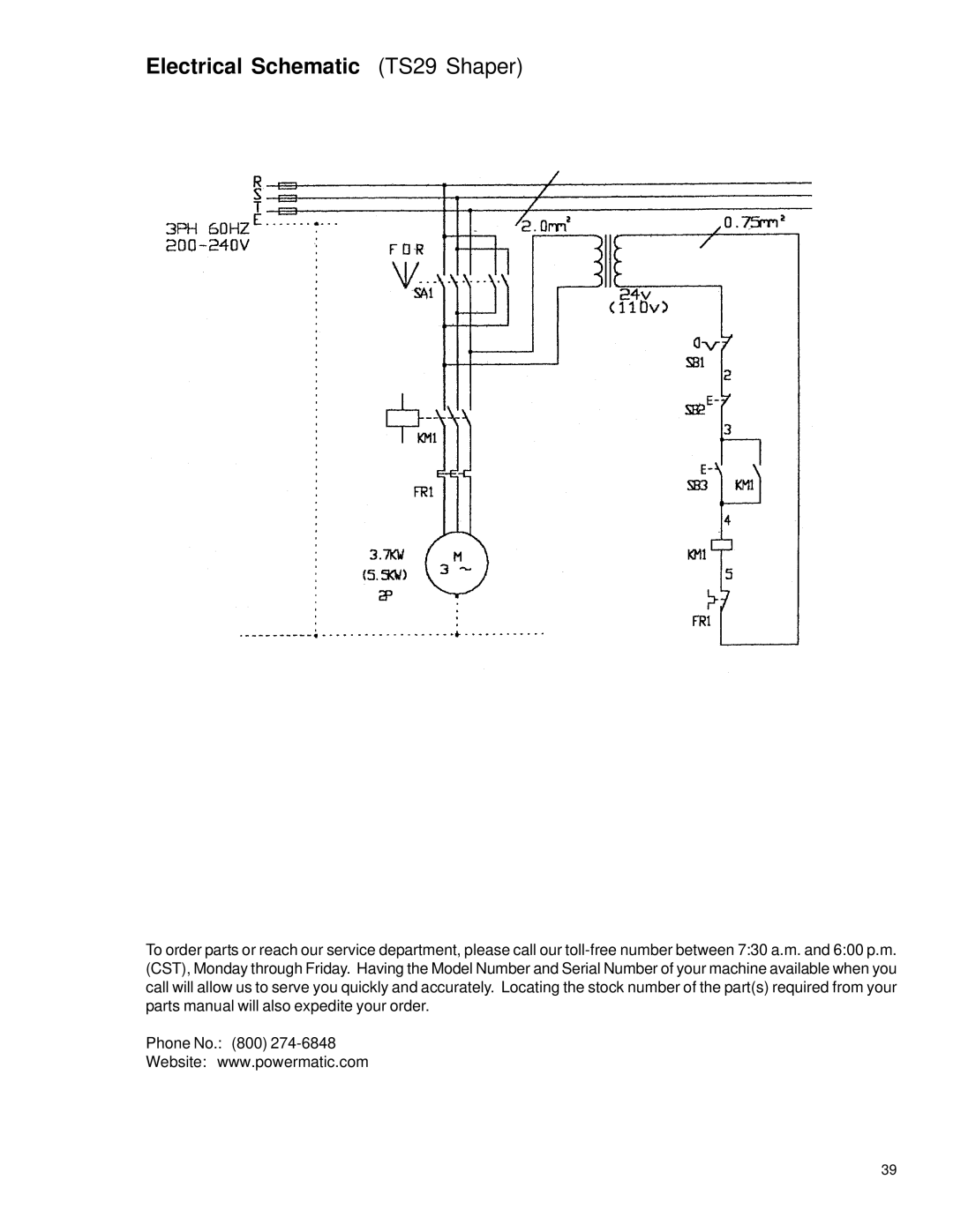 Powermatic instruction manual Electrical Schematic TS29 Shaper 