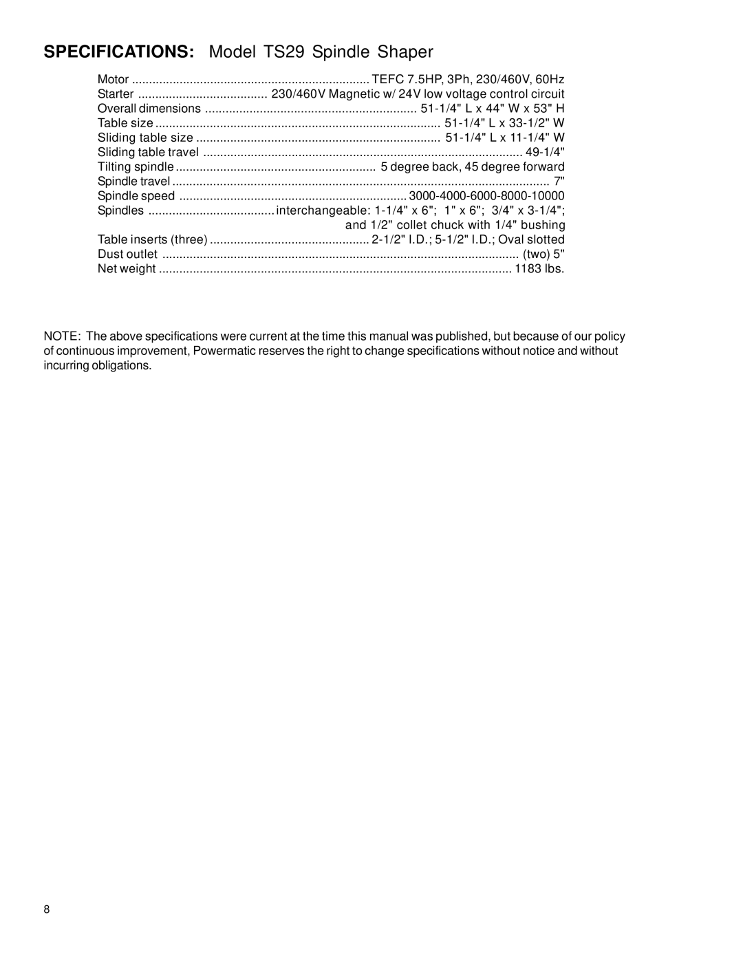 Powermatic instruction manual Specifications Model TS29 Spindle Shaper 