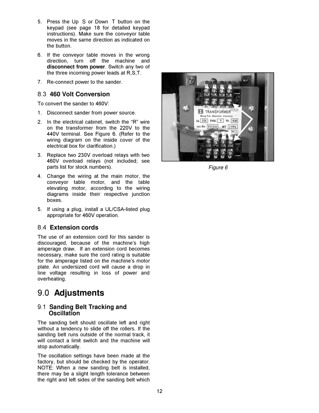 Powermatic WB-37, WB-25, WB-43 Adjustments, Volt Conversion, Extension cords, Sanding Belt Tracking Oscillation 