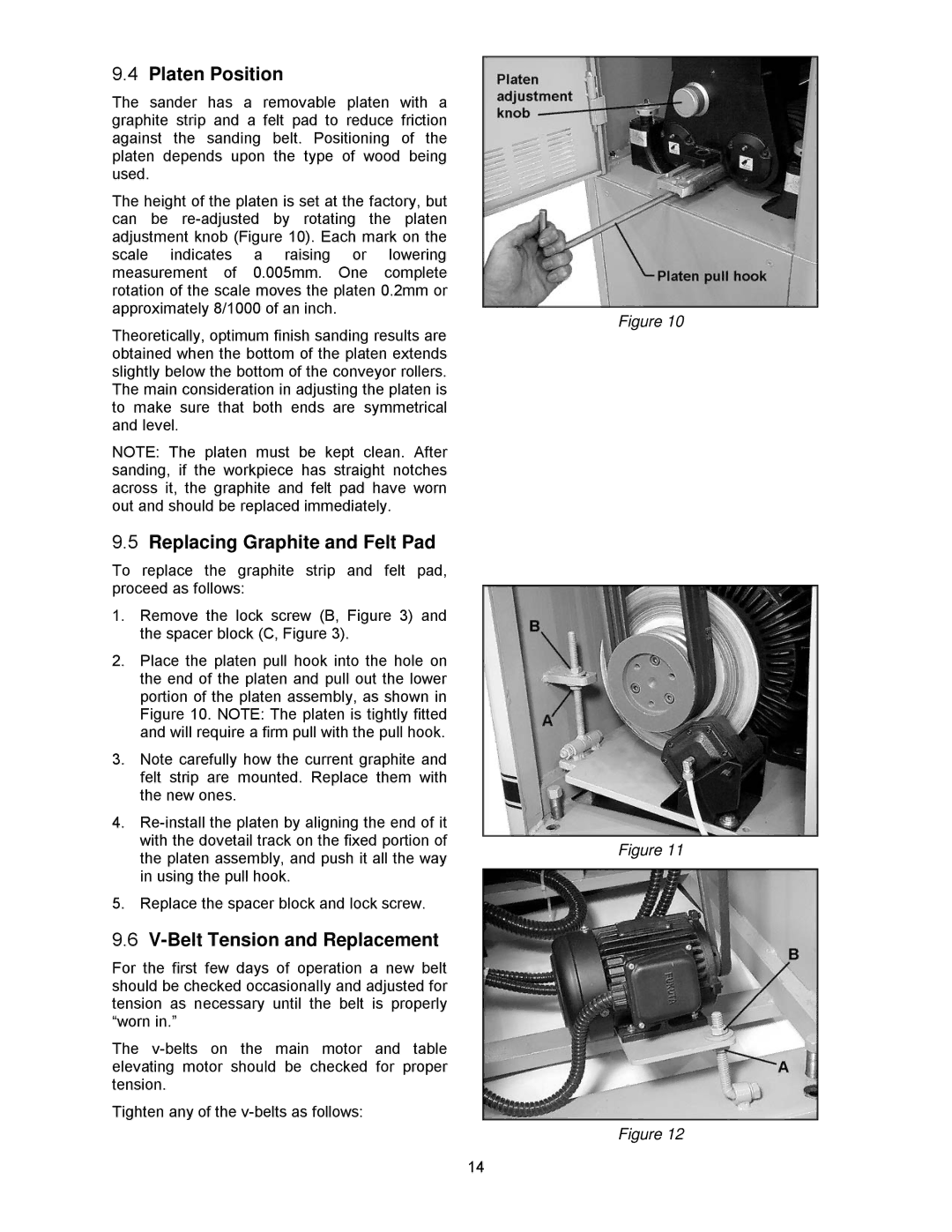 Powermatic WB-43, WB-37, WB-25 Platen Position, Replacing Graphite and Felt Pad, Belt Tension and Replacement 