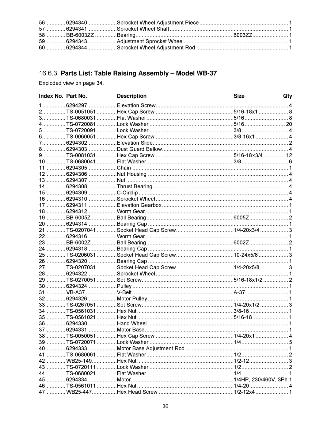 Powermatic WB-25, WB-43 operating instructions Parts List Table Raising Assembly Model WB-37 