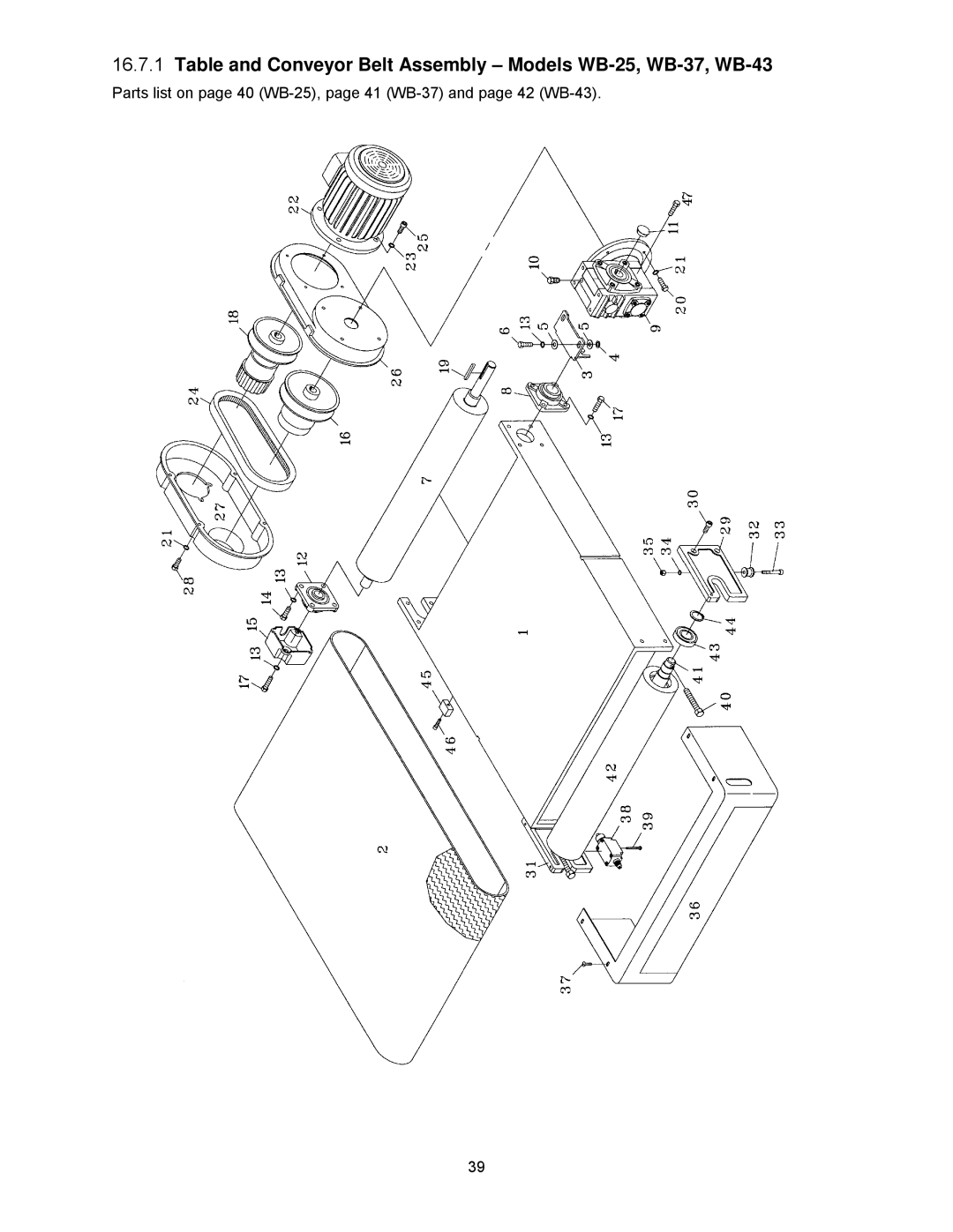 Powermatic operating instructions Table and Conveyor Belt Assembly Models WB-25, WB-37, WB-43 