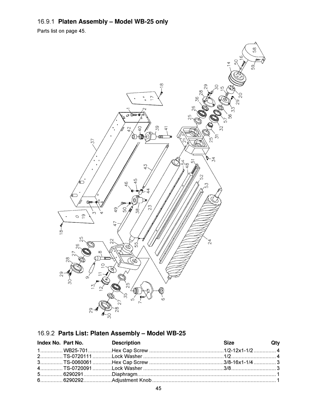 Powermatic WB-37, WB-43 operating instructions Platen Assembly Model WB-25 only, Parts List Platen Assembly Model WB-25 