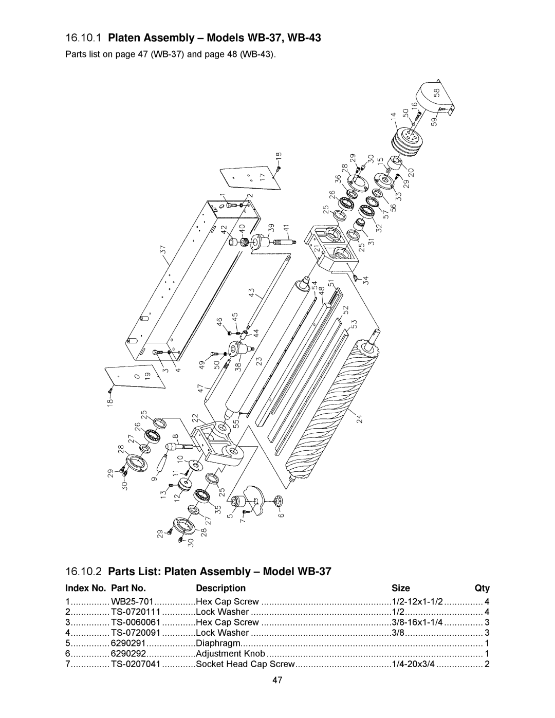 Powermatic WB-25 operating instructions Platen Assembly Models WB-37, WB-43, Parts List Platen Assembly Model WB-37 