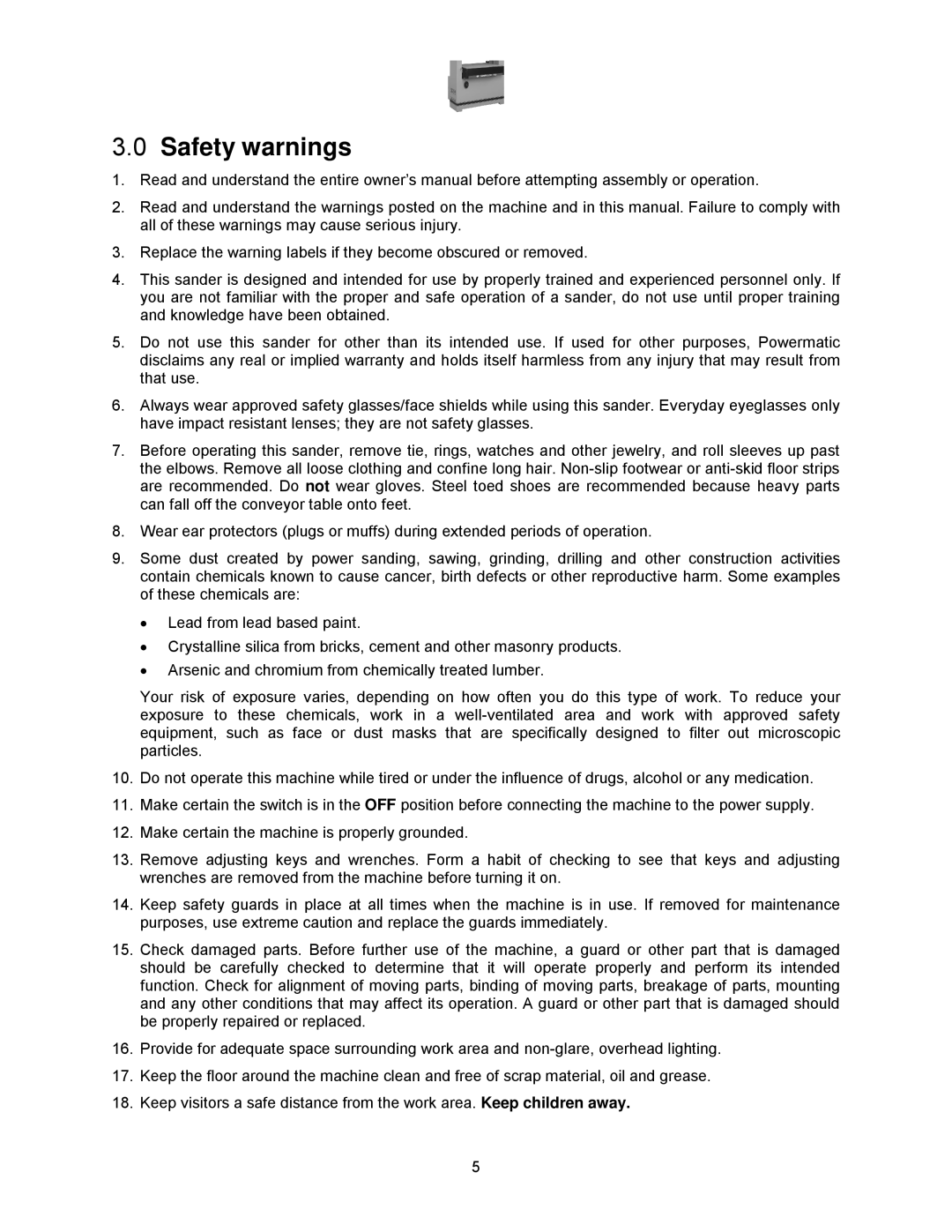 Powermatic WB-43, WB-37, WB-25 operating instructions Safety warnings 