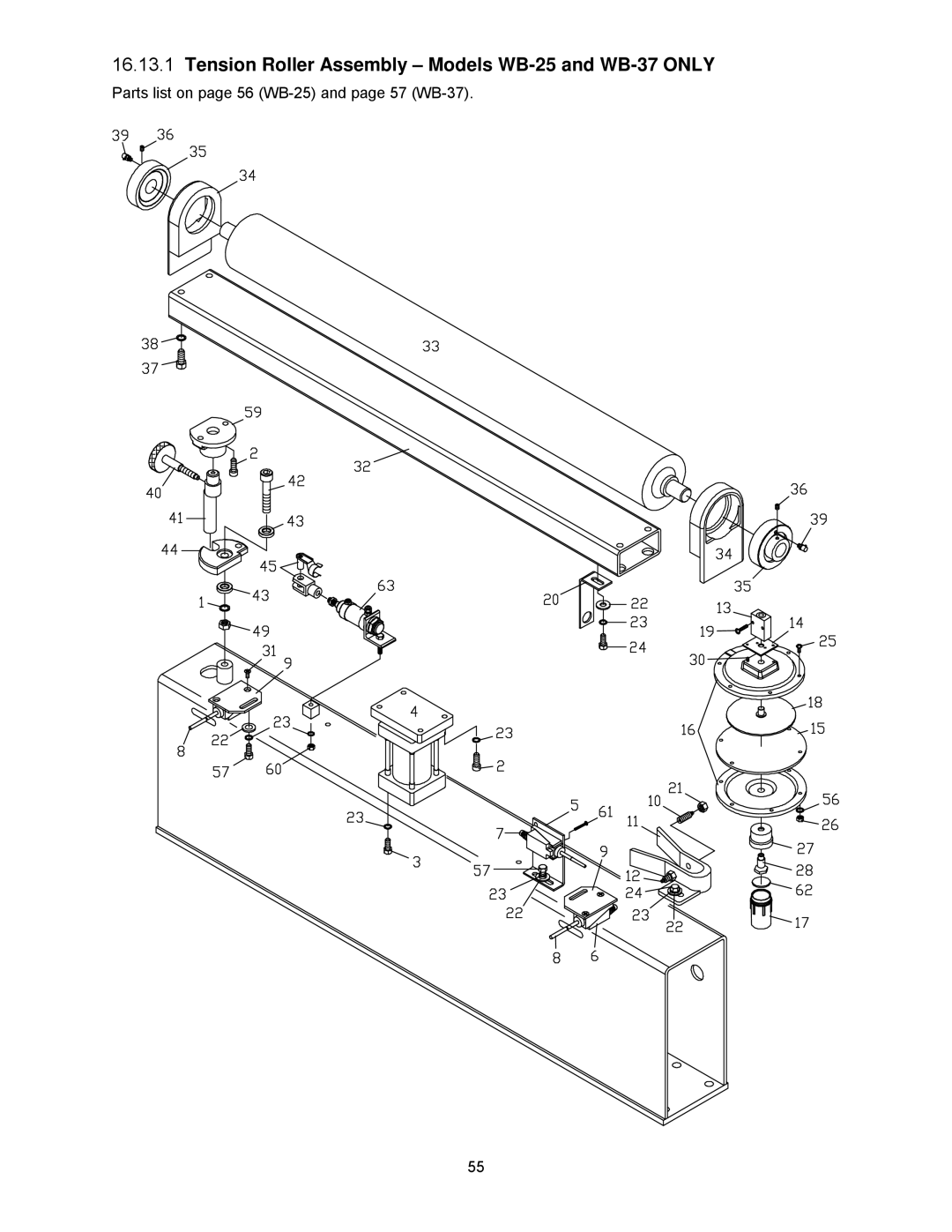 Powermatic WB-43 operating instructions Tension Roller Assembly Models WB-25 and WB-37 only 