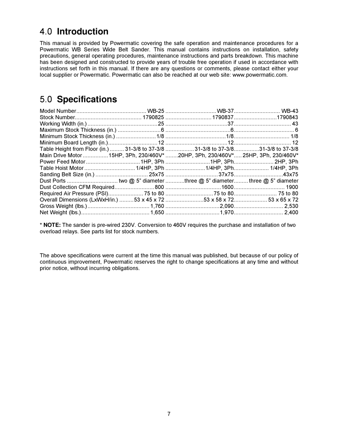 Powermatic WB-25, WB-37, WB-43 operating instructions Introduction Specifications, 1790843 