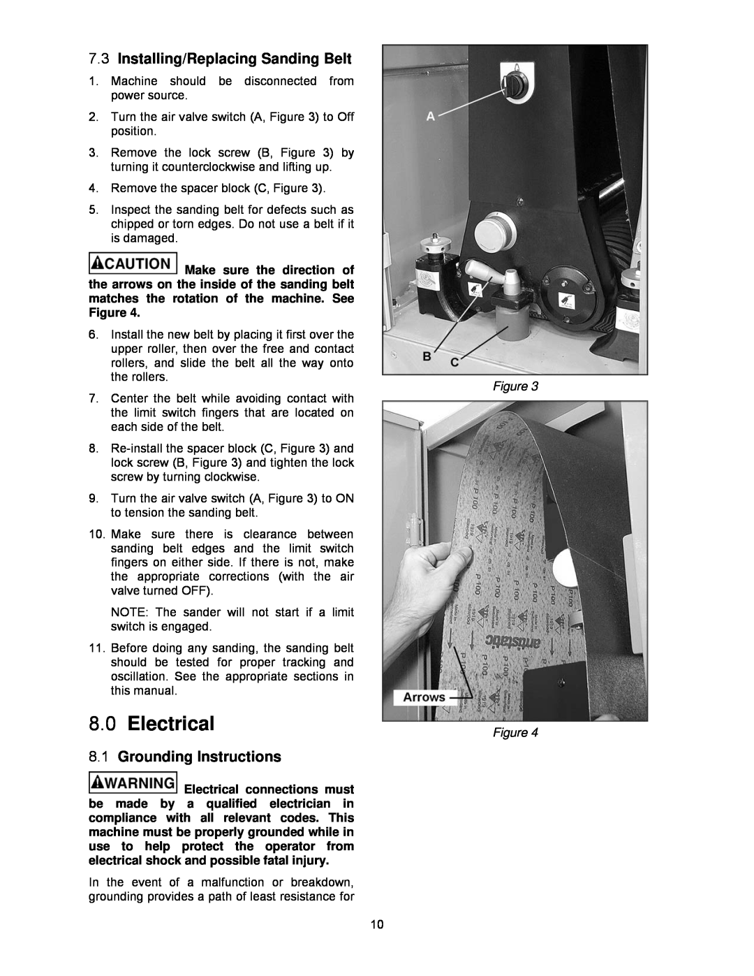 Powermatic WB-25, WB-37, WB-43 operating instructions Electrical, Installing/Replacing Sanding Belt, Grounding Instructions 
