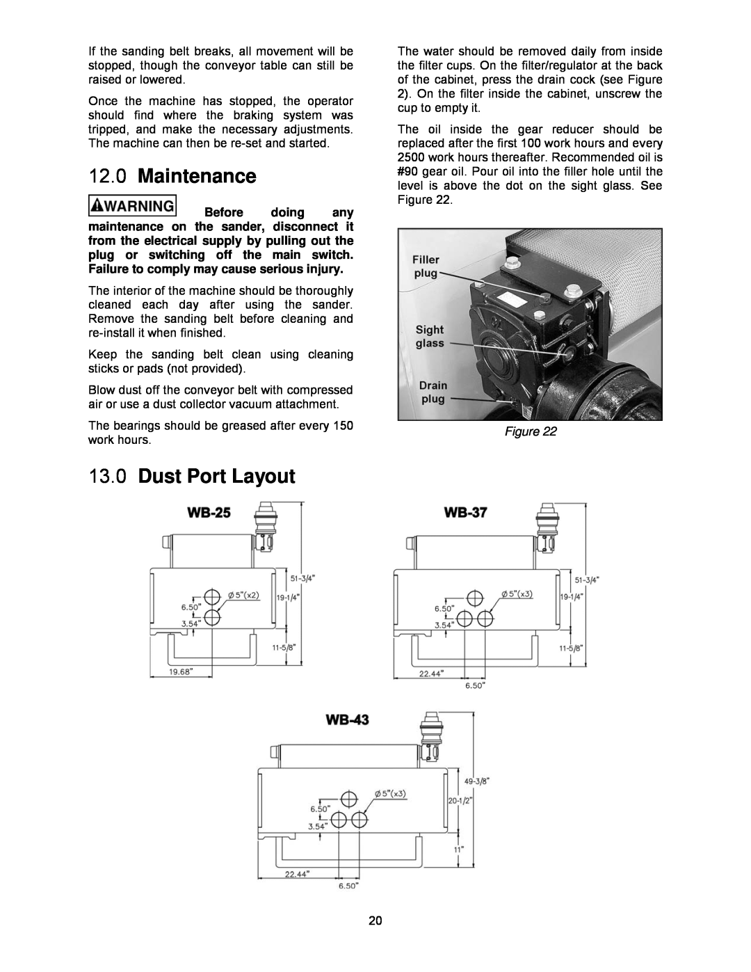 Powermatic WB-43, WB-37, WB-25 operating instructions Maintenance, Dust Port Layout 