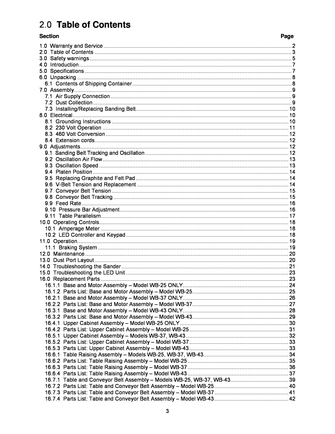 Powermatic WB-37, WB-25, WB-43 operating instructions Table of Contents, Section 