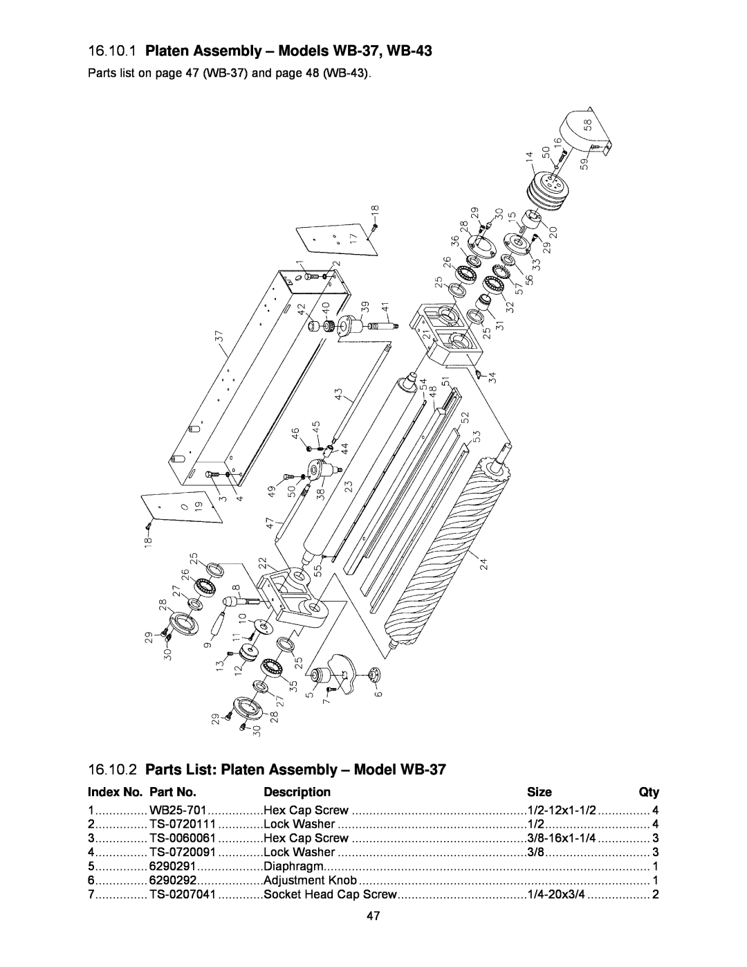 Powermatic Platen Assembly - Models WB-37, WB-43, Parts List Platen Assembly - Model WB-37, Index No. Part No, Size 