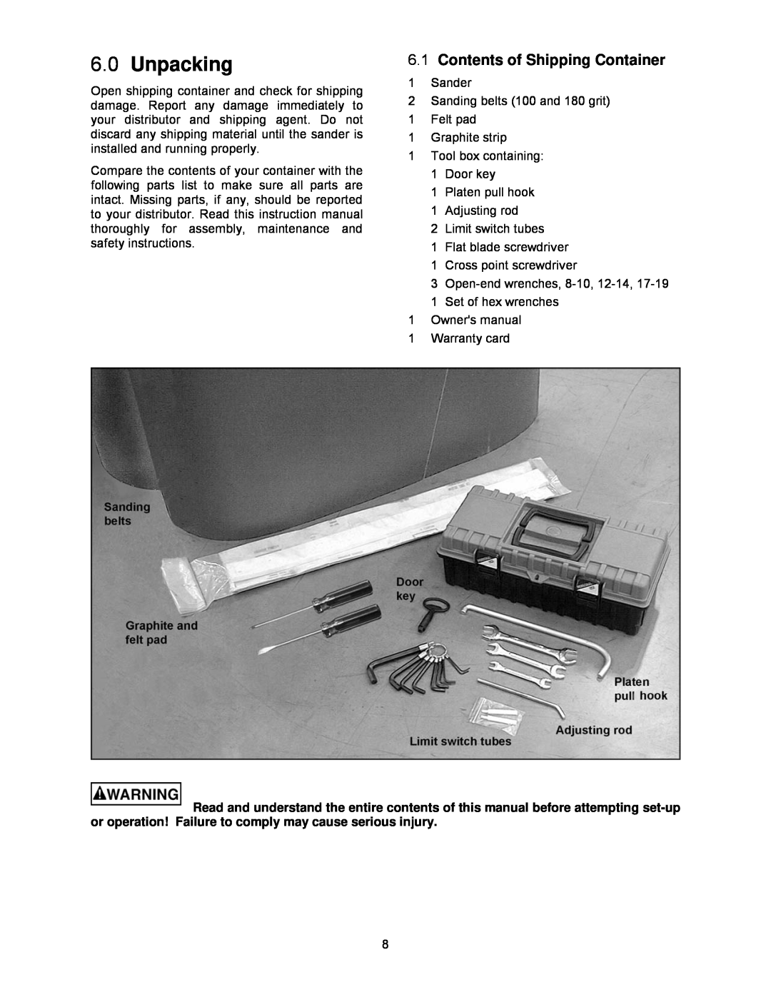 Powermatic WB-43, WB-37, WB-25 operating instructions Unpacking, Contents of Shipping Container 