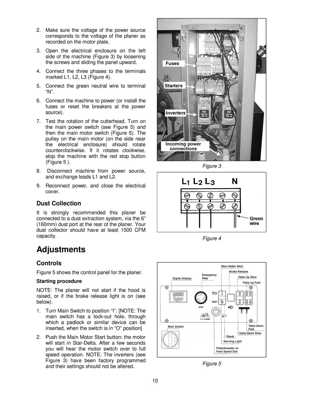 Powermatic WP2412 operating instructions Adjustments, Dust Collection, Controls, Starting procedure 