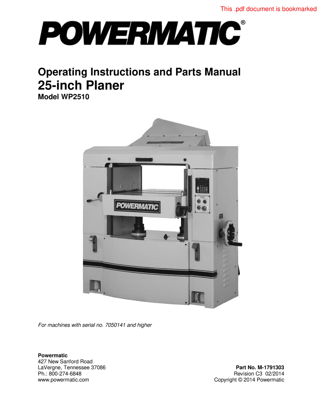 Powermatic WP2510 operating instructions Inch Planer 