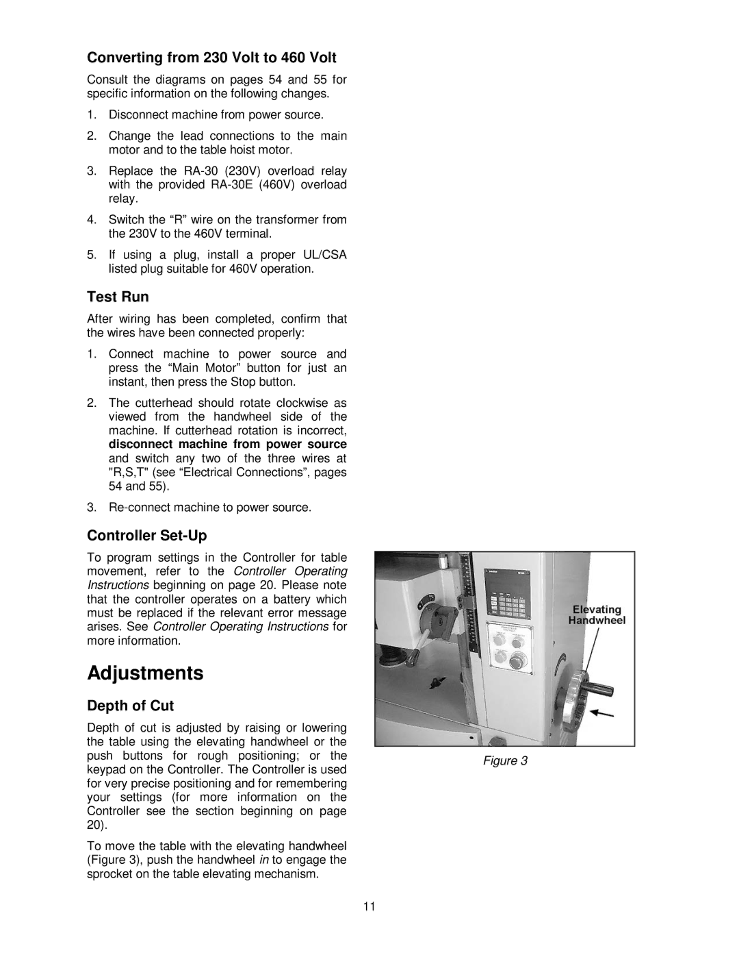 Powermatic WP2510 Adjustments, Converting from 230 Volt to 460 Volt, Test Run, Controller Set-Up, Depth of Cut 