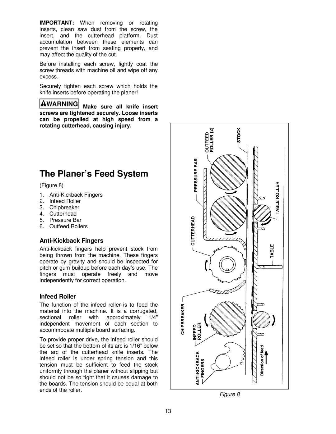 Powermatic WP2510 operating instructions Planer’s Feed System, Anti-Kickback Fingers 