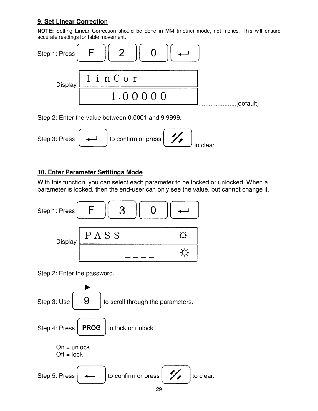 Powermatic WP2510 operating instructions Set Linear Correction, Enter Parameter Setttings Mode 