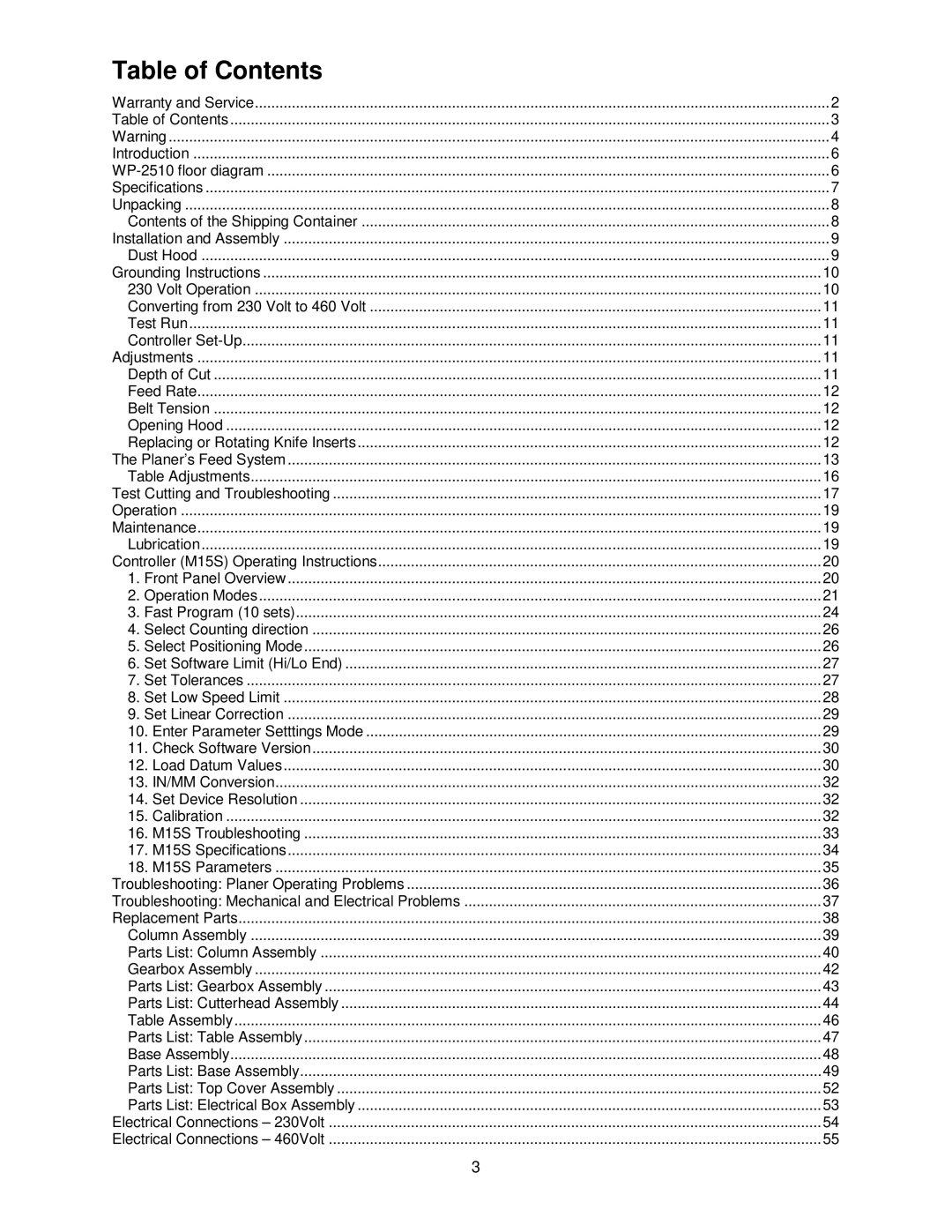 Powermatic WP2510 operating instructions Table of Contents 