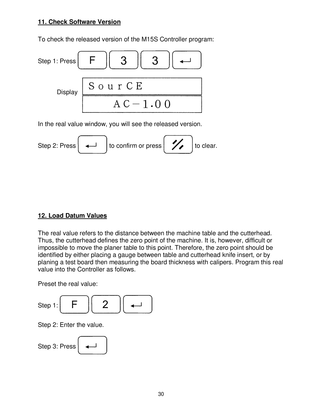 Powermatic WP2510 operating instructions Check Software Version, Load Datum Values 