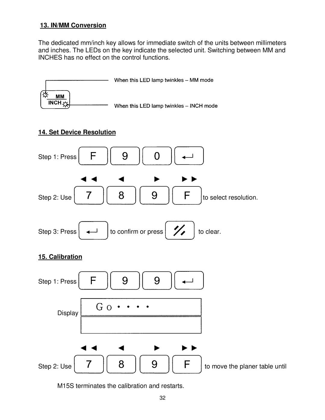 Powermatic WP2510 operating instructions 13. IN/MM Conversion, Set Device Resolution, Calibration 