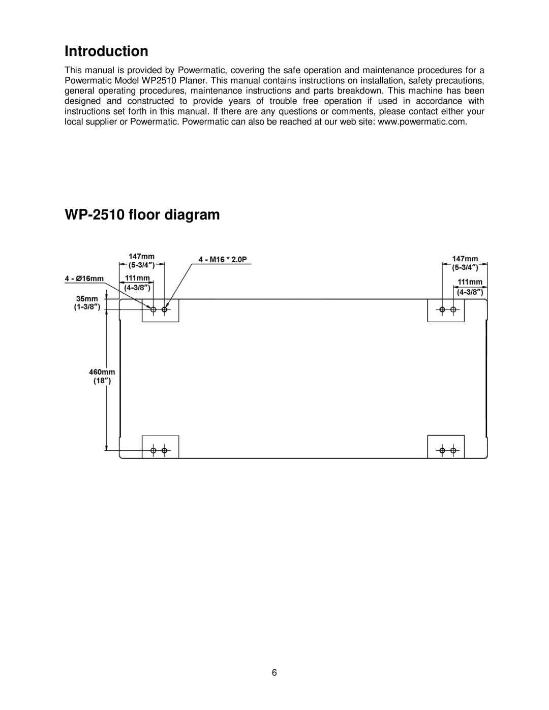 Powermatic WP2510 operating instructions Introduction WP-2510 floor diagram 