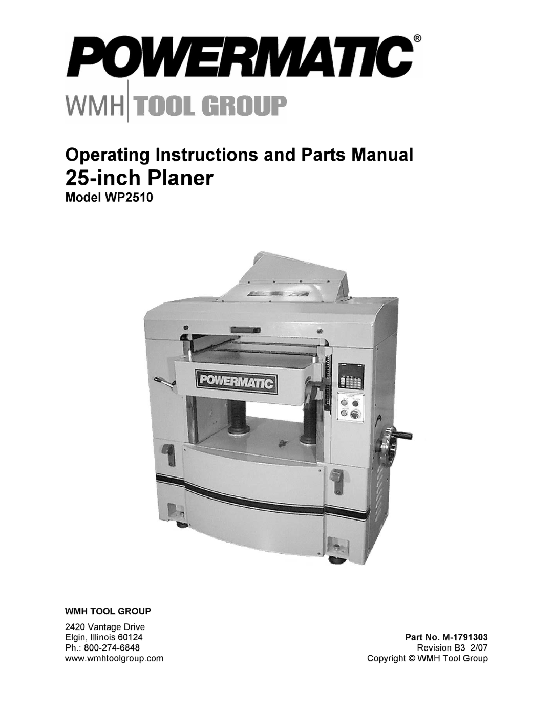 Powermatic WP2510 operating instructions Inch Planer 