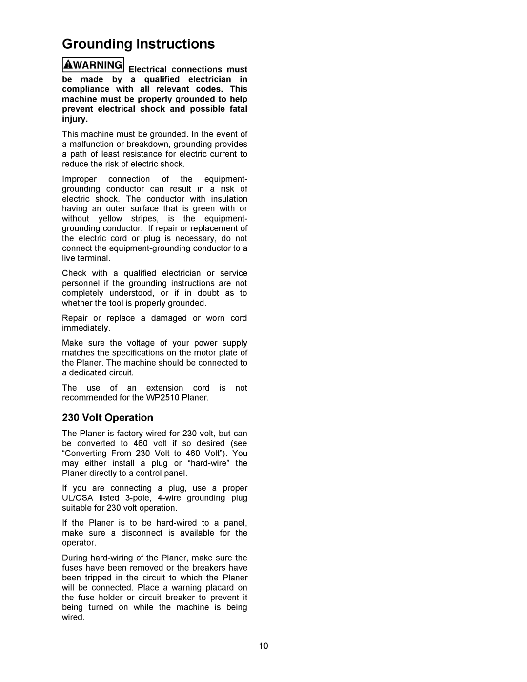 Powermatic WP2510 operating instructions Grounding Instructions, Volt Operation 